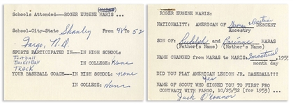 Interesting Roger Maris Lot -- Baseball Questionnaire Filled Out and Signed by Maris in 1957 & Two Cards Also Filled Out by Him With Details on His Name Change and the Scout Who Signed Him